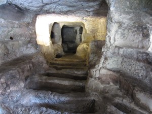 Steps to larger niches, catacombs, Cava D'Ispica