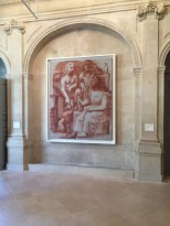 Drawing in red chalk of three women in one of the hallways.  