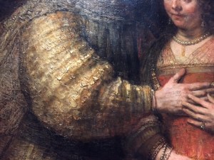 The challenge of looking at reproductions is it's so hard to see the paint surface and Rembrandt's impasto (thick paint) makes the fabric come alive.