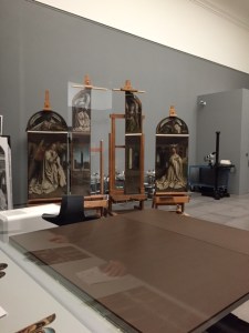 The altarpiece is in need of major restoration and the lab is at the Fine Arts Museum.  Here you can see the panels that are in restoration at the moment.  