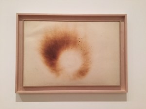 Yves Klein, Untitled Fire Painting, 1961.  This work was accompanied by a video that showed the artist burning the work with a fireman spraying with a hose alongside.