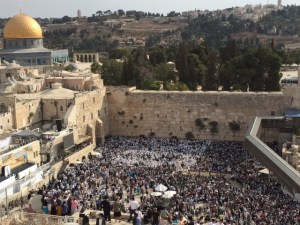 Since this is a pilgrimage holiday a special blessing is recited at the Western Wall called the Birkat Ko'hanim (priestly blessing) and we were there for it.  We were in an apartment that overlooks the Western Wall and you can also see the Temple Mount behind it.  The Western Wall is the holiest site for Jews.  