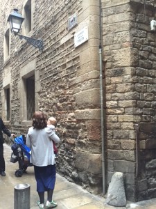Standing by the oldest building in Barcelona that was home to a very important scholar and rabbi named Rashba who was a student of Ramban (are you confused)?! Notice at the corner the bump for getting off and on your horse.