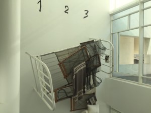 High above the entrance hall was a three part work by Antoni Tapies who lived his life in Barcelona.  We did not get to the Tapies Foundation where the Micro Museum was featured (if you remember from the museum in Ghent).  The title for this piece is "Sudden Awakening" and this is part 1