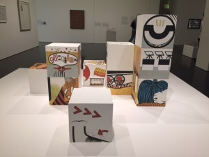 Oyvind Fahlstrom, "Sitting Blocks", 1966, comic book images of Batman turned into cubist works and stools at the same time.