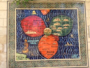 This is a 16th century mosaic of a map that shows Jerusalem at the center of the then known world. It's on the wall just outside of the Jerusalem City Hall.