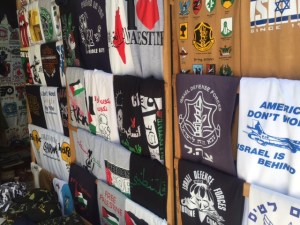 And here is the tee shirt seller who has "Free Palestine" tee shirts alongside "Israeli Army" tee shirts.