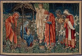Edward Burne-Jones, "Adoration of the Magi", tapestry, 1886-1902. It's so interesting to see this painter's work in tapestry that looks like one of the Raphael cartoons for tapestry since this artist is a Pre-Raphaelite. 