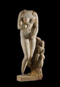 This Aphrodite was excavated at Beith Shean in 2001. She is remarkable because she still has some of the paint pigment on her. We see sculptures from this time and assume they were pure white marble when in fact they were fully painted with vivid colors. Once buried much of this disappears if not all so this is an exceptional work.