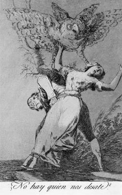 Goya, "Can't Anyone Untie Us", 1799, etching: A man and a woman tied together with ropes, struggling o get loose and crying out to be untied quickly? Either I am mistaken or they are two people who have been forced to marry."