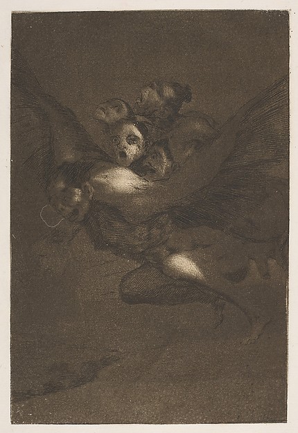 Goya, "Bon Voyage": "Where is this internal company going, filling the air with noise in the darkness of the night? If it were daytime it would be quite a different matter and gun shots would bring the whole group of them to the ground, but as it is night, no one can see them.", 1799, etching, burnished aquatint, and burin