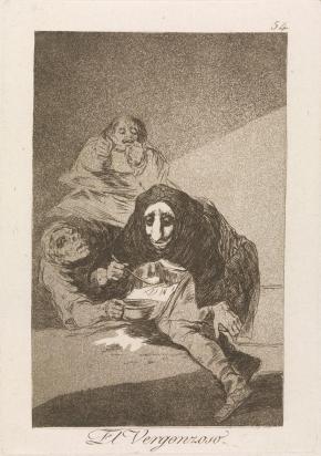 Goya, The Shamefaced One, etching and aquatint, 1799: "There are men whose faces are the most indecent parts of their whole bodies and it would be a good thing if those who have such unfortunate and ridiculous faces were to put them in their breeches."