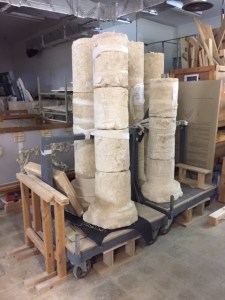 Very grand are architectural elements like these columns about to be shipped back to Herodium, to be placed in a new section that has been restored. Herodium was a pleasure place built on the top of a hill by Herod sometime around 23 BCE.